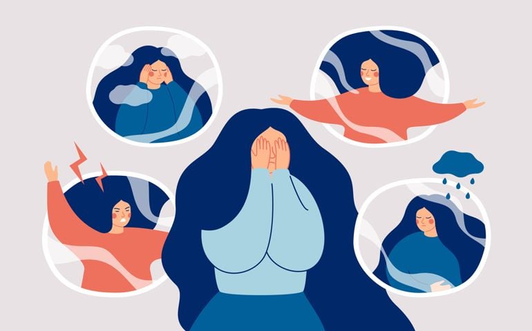 irl surrounded by symptoms of bipolar disorder: euphoria, psychosis, depression, sad, empty, hopeless, tearful.