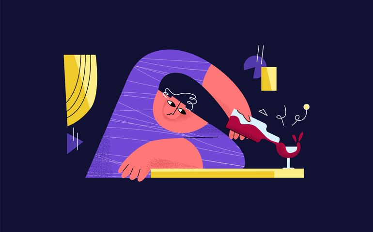 Vector flat abstract linear illustration with drunk man who pours wine into glass. Concept alcoholism, hangover, drinking.