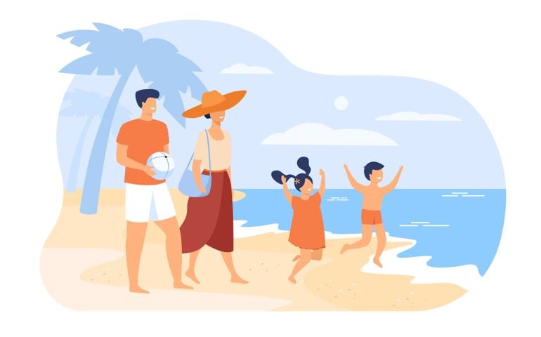 Family on summer vacation concept. Parents couple and kids walking on beach, going to bath in sea water, enjoying leisure.