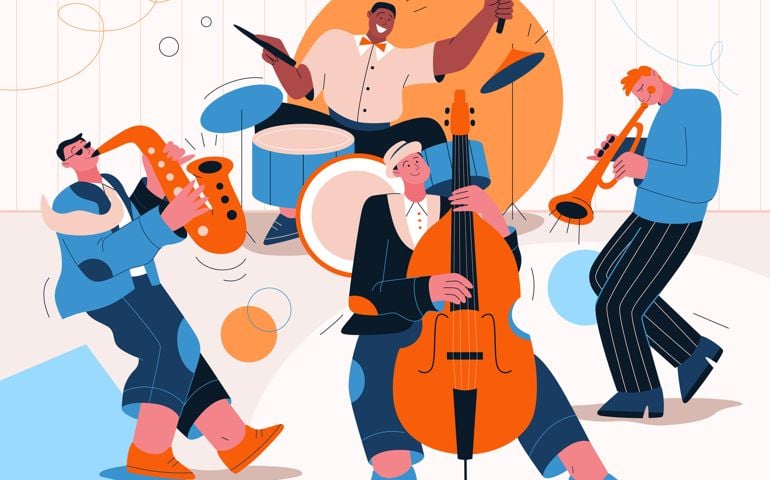 Jazz band playing music at festival, concert or perform on stage. Musicians play musical instruments - saxophone, drums, trumpet, double bass.