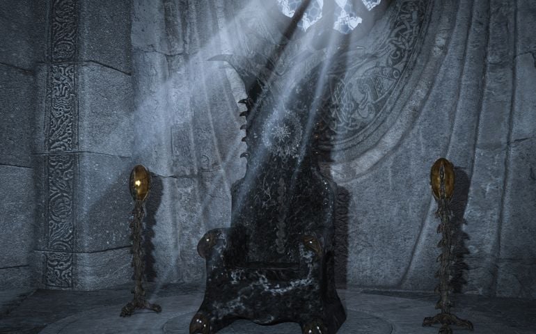 Dark throne with two crystal beside is and a window with a beam of light.