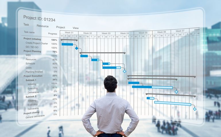 Project manager working with Gantt chart planning schedule, tracking milestones and deliverables and updating tasks progress, scheduling and management skills, program strategy