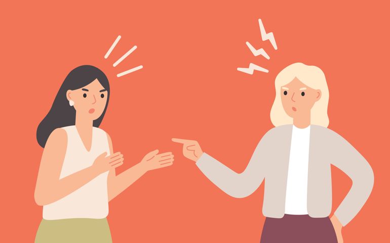 Female friends arguing, yelling at each other