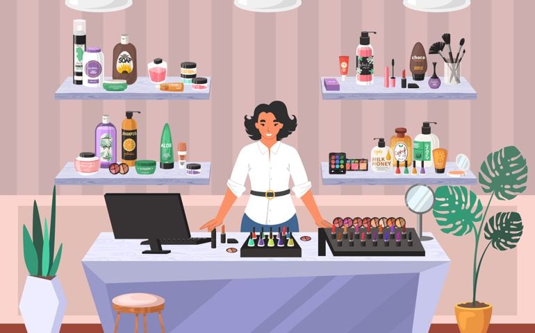 Cosmetics store. Female shop assistant standing at counter, flat vector illustration.