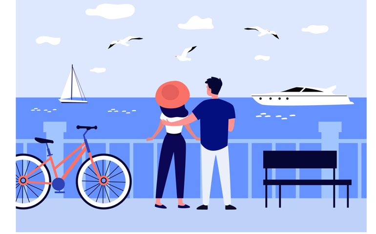 Couple enjoying vacation. Man and woman walking on promenade at sea. Flat vector illustratio