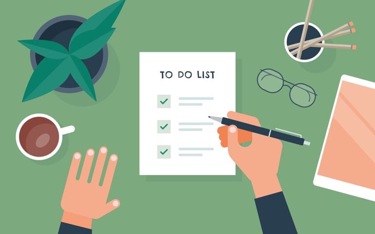 Flat vector illustration of person checking to do list at desk