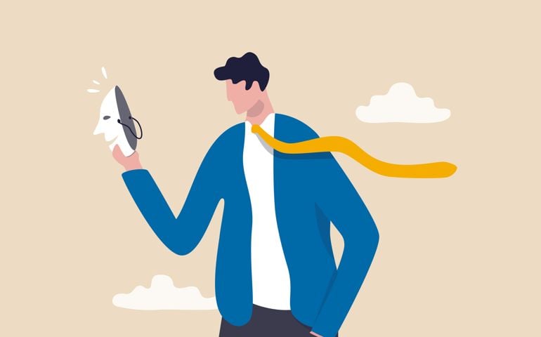 Imposter syndrome, hypocrisy, business dishonest or liar, fake, crime or fraudulent concept, depressed anonymous businessman holding smiling mask thinking about being or acting like another person.