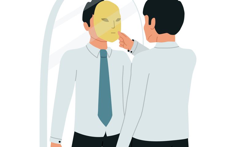 Imposter Syndrome. A businessman looks in the mirror and takes off his imposter mask.