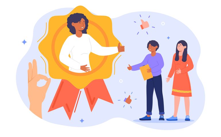 HR recognition concept. The best specialist in the opinion of the team and the authorities. Rewarding an employee for good results. Cartoon flat vector illustration isolated on a white background