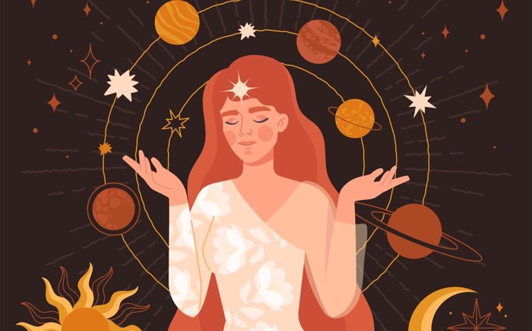 Mystical vintage style hand drawing. Portrait of a girl with stars and planets hovering around her head. Meditation, balance, spiritual calmness abstract concept.