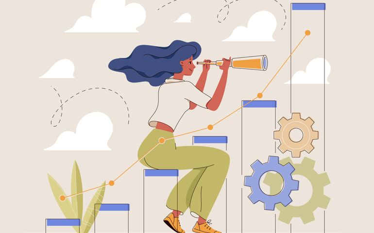 Woman looks through spyglass distance at ascending line of graph behind cloud.