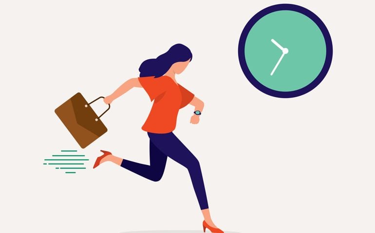 Female Employee Rushing To Office. Running Late For Work.