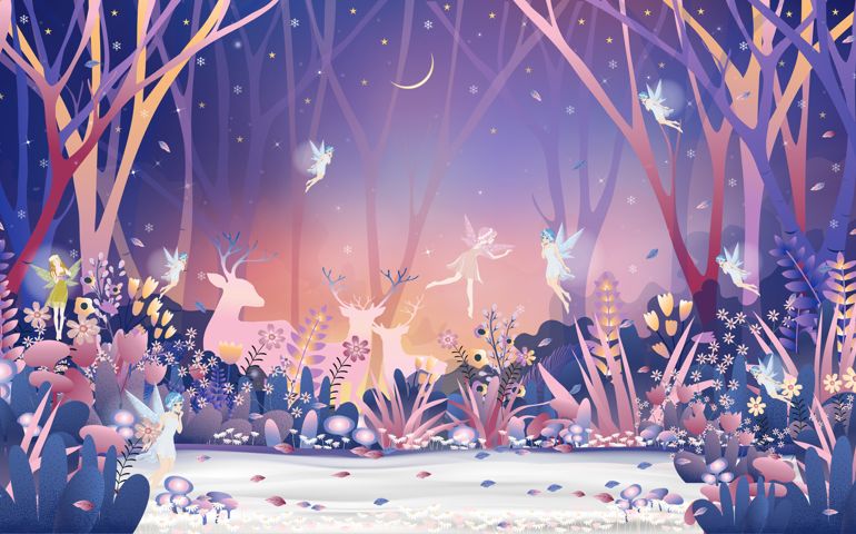 Fantasy cute little fairies flying and playing with reindeers family in magic forest at Christmas night,Vector illustration landscape of Winter wonderland.Fairytale background for bed time story cover