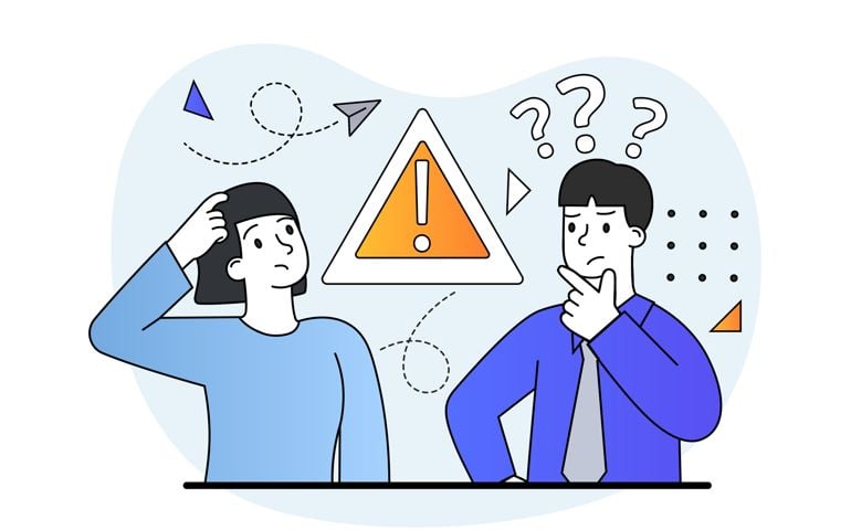 Error or warning concept. Thoughtful characters stand next to exclamation mark and can not understand cause of problem.