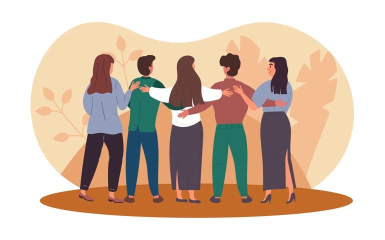 People hug each other concept. Friends look back and provide support. Group of men and women helping to cope with mental problems.