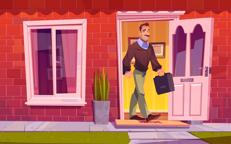 Man leaving home and going to work. Vector cartoon illustration with adult character with briefcase exits house through open door.