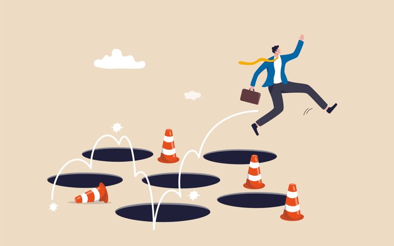 Avoid pitfall, adversity and brave to jump pass mistake or business failure, skill and creativity to solve problem concept,