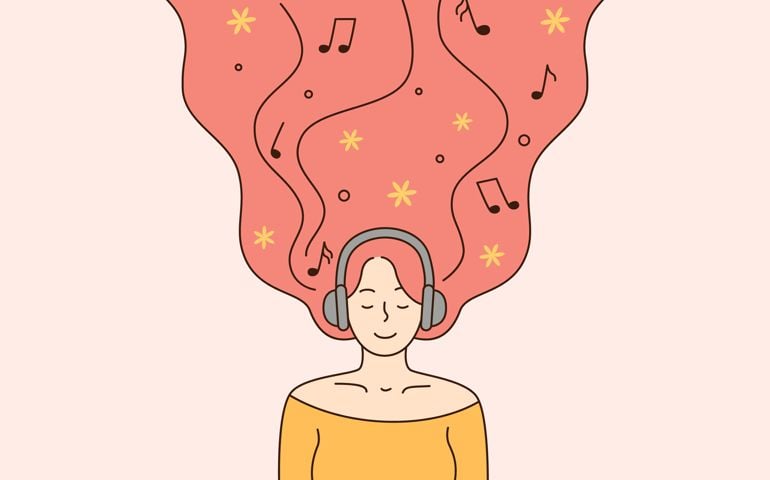 Listening to favourite mesic and freedom concept. Young smiling woman with long red hair in headphones listening to music with eyes closed vector illustration