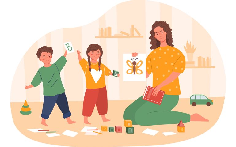 Woman spends time with boy and girl