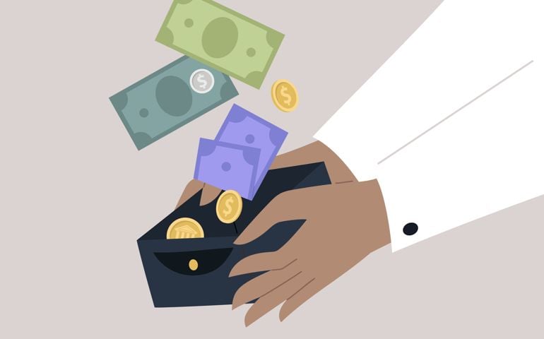 Money rain, hands holding a wallet with paper currency and metal coins