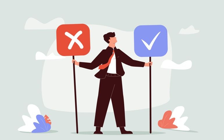 thoughtful businessman holding right or wrong of left and right hand while making decision.