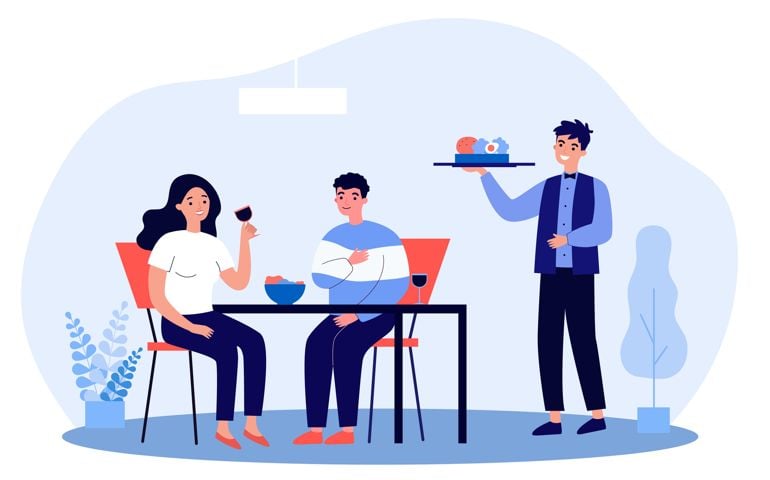 Couple sitting at table in restaurant eating food and drinking wine. Waiter carrying order to clients flat vector illustration.