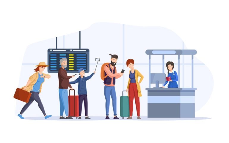 Running tourists delay to flying departure at airport interior.