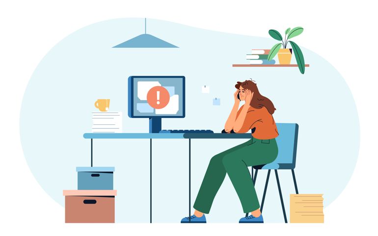 Flat tired exhausted woman office worker at computer desk on workplace. Woman with low energy levels. Professional burnout syndrome. Concept of stress, tiredness, overworked or mental health problems.
