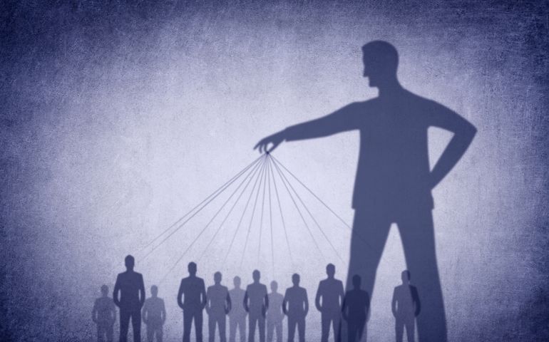 Conceptual Illustration with Shadowy Figure Manipulating People as Puppets