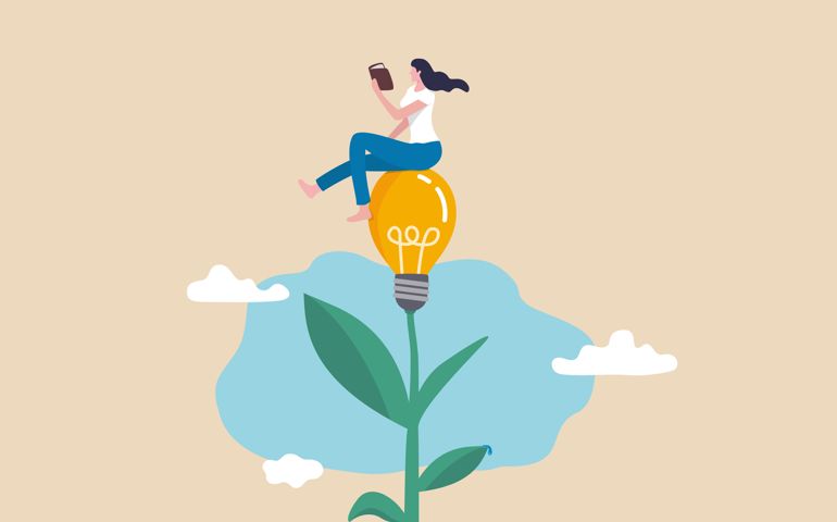 Learn or study more knowledge to grow and success, growth mindset or lifelong learning, education to develop new skills concept, joyful woman reading book on lightbulb flower growing plant.