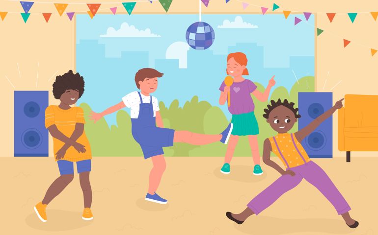 Children on fun dance party, little girl singing karaoke, group of boys dancing to music
