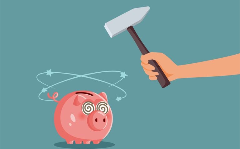 Breaking the bank due to inflation and low purchasing power conceptual drawing