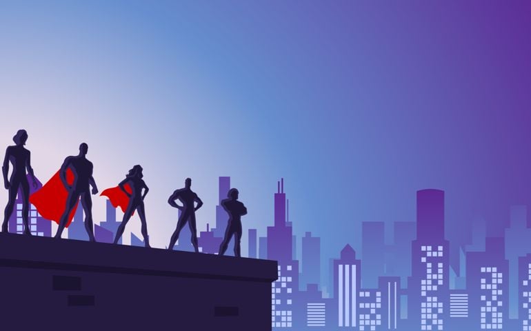 A silhouette style vector illustration of a team of superheroes on a rooftop with city skyline in the background.