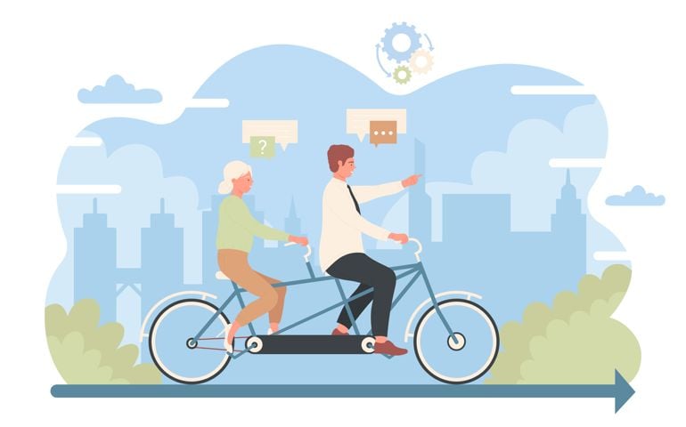 Cartoon group of man and woman training on bike race.