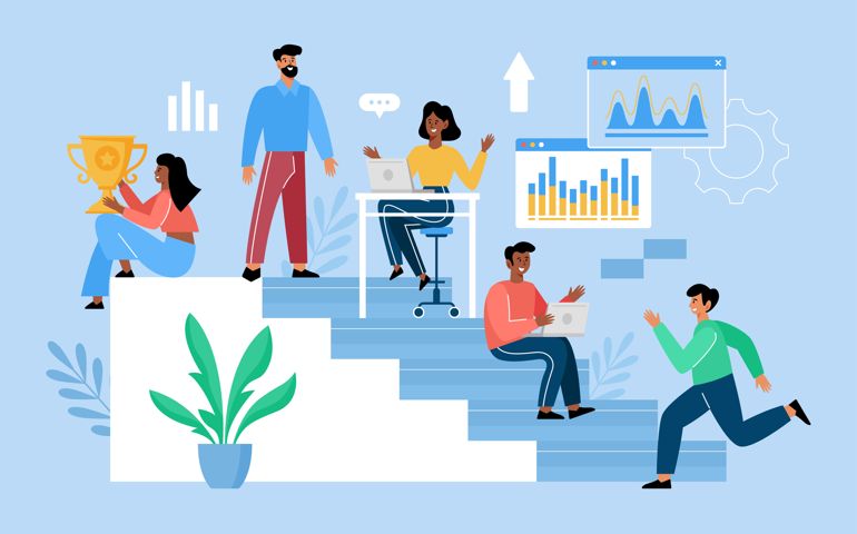 Career development concept. Modern vector illustration with people team working together for success and growth