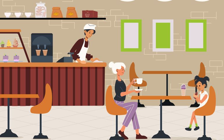 Flat illustration of a cafe. Customers sitting at a table, barista wiping down the counter.
