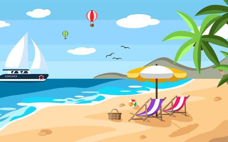 Vector illustration of a beautiful summer beach. Cartoon beach landscape with sun lounger, umbrella, ball, coconut trees, mountains, ship and hot air balloons.