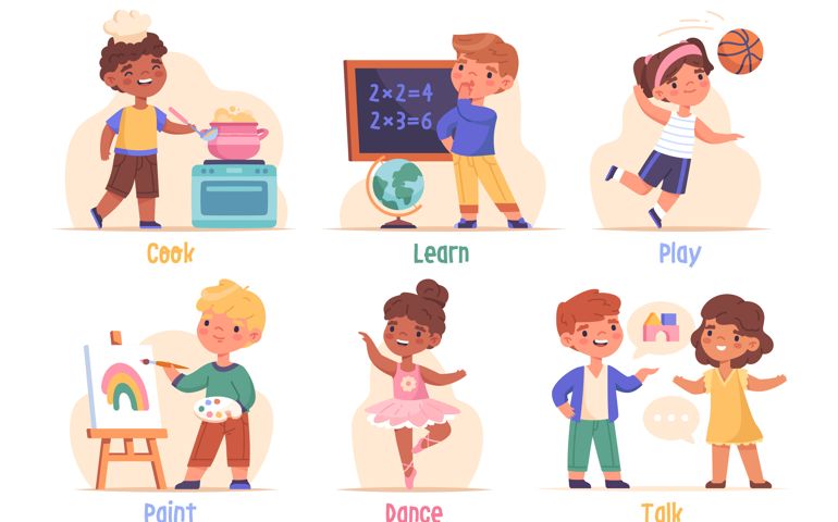 Different activities for children concept. Set of boys and girls engaged in cooking, dancing, drawing, sports, socializing or learning.