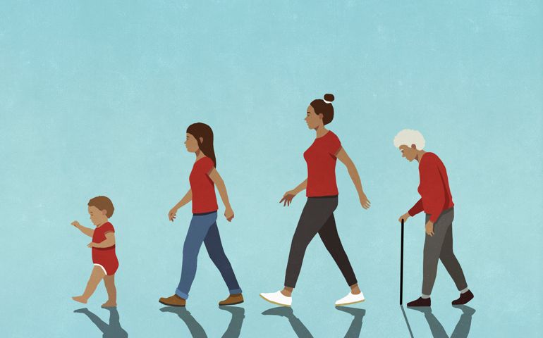 Multigenerational females in red walking in a row