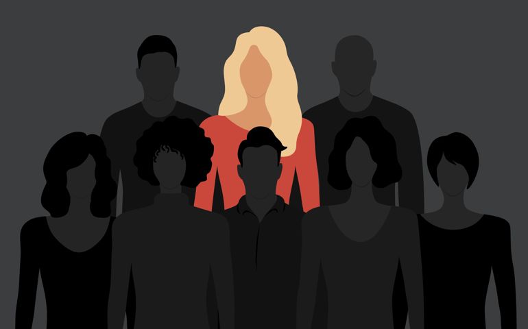 Leadership And Individuality Concept With Unique Woman Standing Out From The Crowd