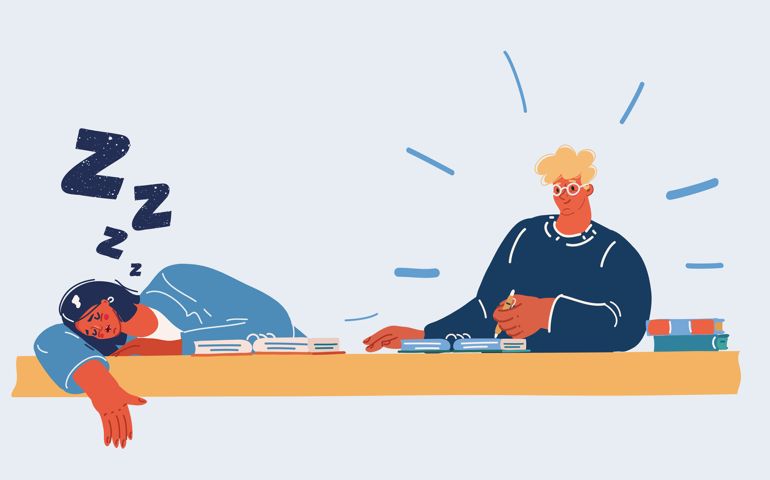 Cartoon vector illustration of woman slee and man study at desk