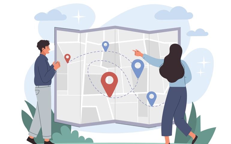 Man and woman with map. Logistics and international trade, characters build route for delivery of goods. Online shopping, navigation and geolocation, address.