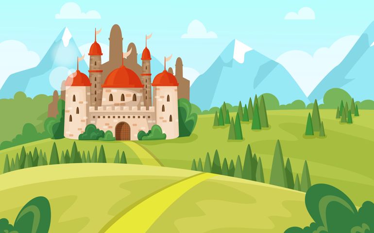 Game castle on hill scene. Magic princess mansion. Road to palace. Fairytale landscape.