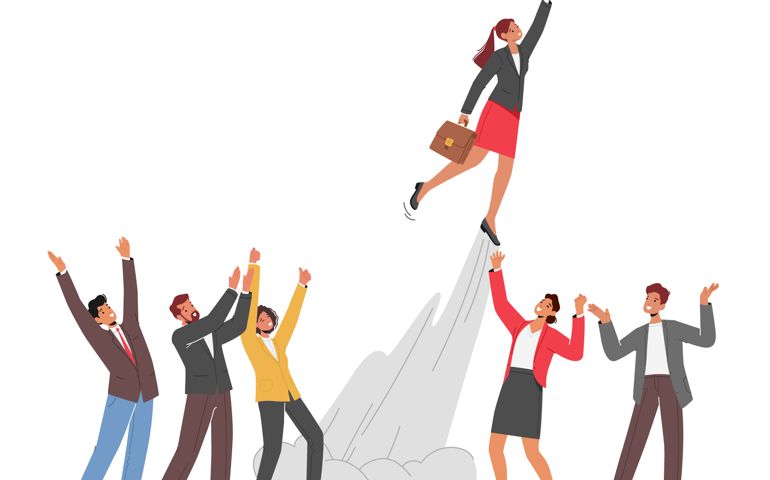 Cheerful Colleagues Rejoice See Off Cool Businesswoman Take Off like a Rocket in Sky with Raised Hand. Great Start Up Launch, Career Boost, Office Worker Business Growth. Cartoon Vector Illustration