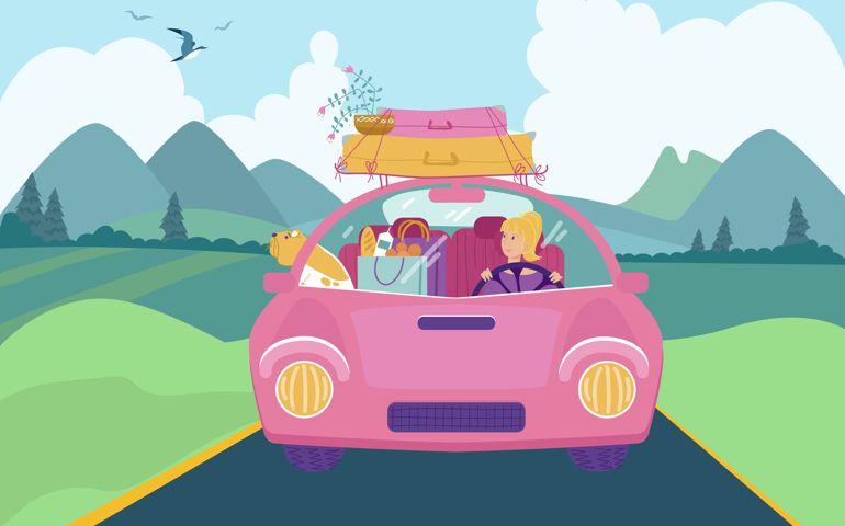 Car trip with pet, vector illustration. Flat woman character travel at transport, happy journey with dog, girl drive auto at road.