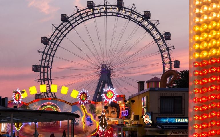 Prater funfair with the famous ferris wheel at dusk