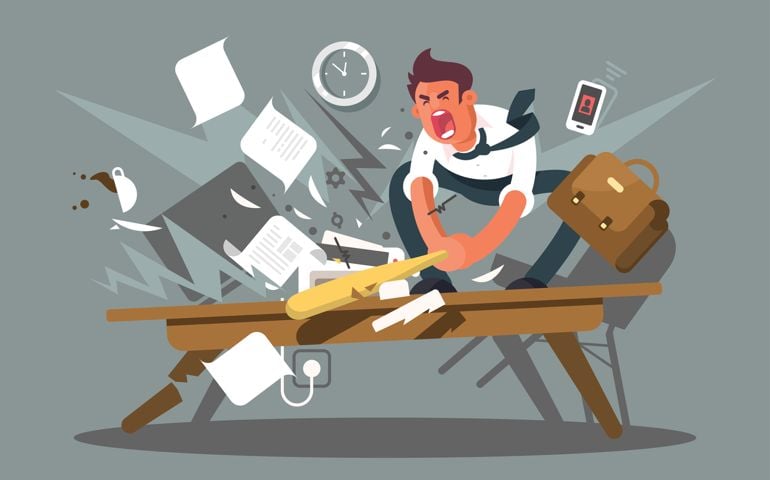 Angry and exasperated employee. Office worker smashing a table bat. Vector illustration