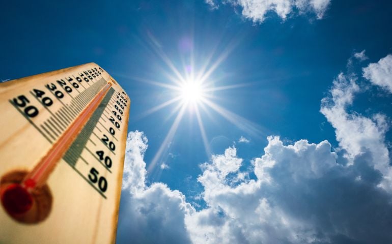 Thermometer Sun high Degres. Hot summer day. High Summer temperatures
