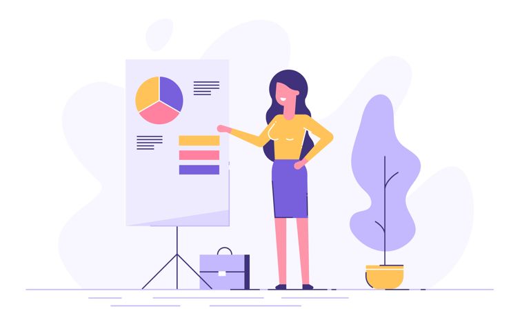 Confident young woman standing near flip chart and pointing graph and diagram. Creative business concept. Office interior.