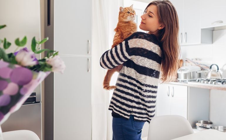 Young woman playing with cat in kitchen at home. Girl holding and raising red cat. Happy master having fun with her pet